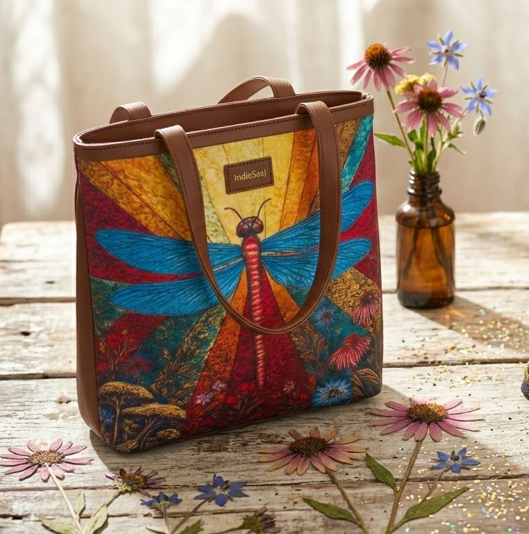 Dragonfly-themed handbag and matching wallet with colourful artistic design from The Winged Muse collection