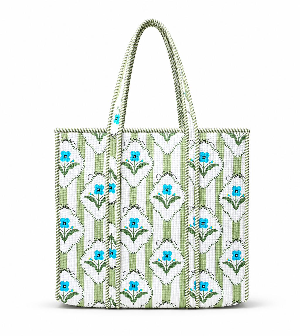 Hand Block Printed Quilted Tote Bag | Handmade Cotton Carryall - Light Green Floral