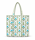 Hand Block Printed Quilted Tote Bag | Handmade Cotton Carryall - Light Green Floral
