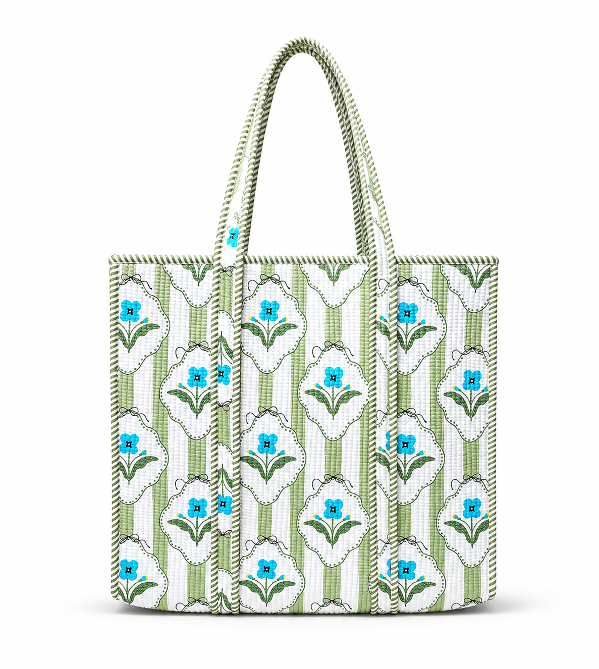 Hand Block Printed Quilted Tote Bag | Handmade Cotton Carryall - Light Green Floral
