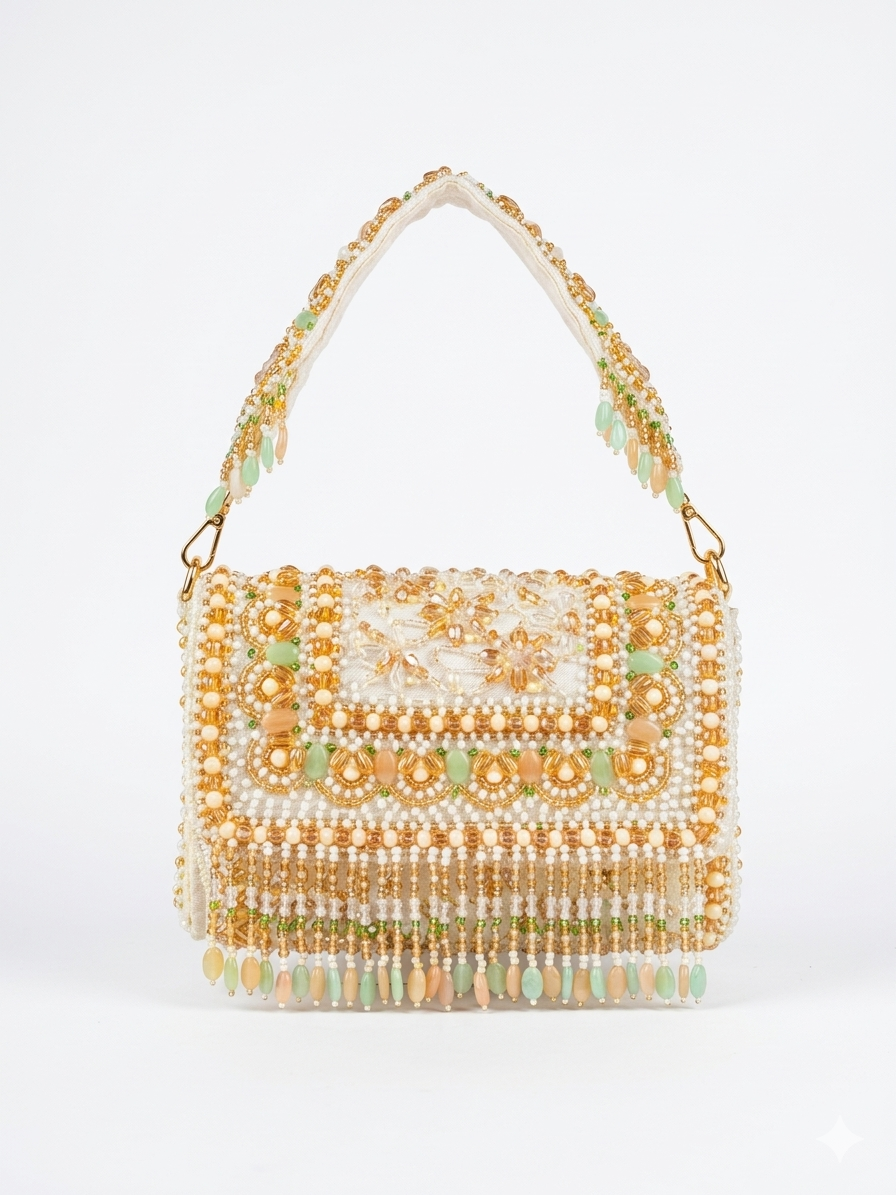 Beaded handbag with floral pattern on a white background