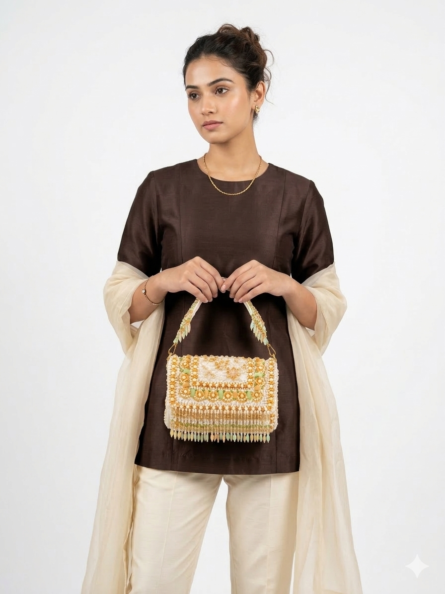 Woman holding a beige and mint beaded handbag with patterns against a white background