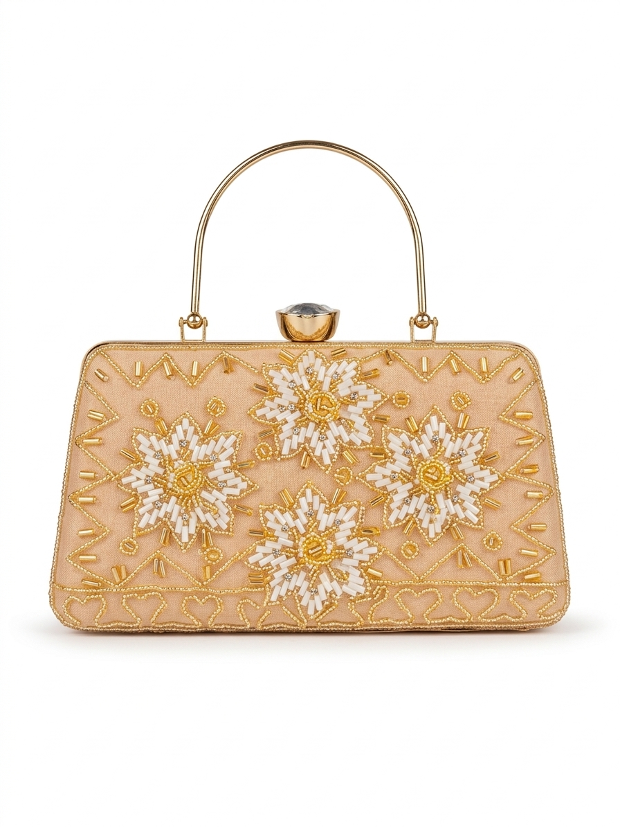Beige handbag with floral embroidery on a white background