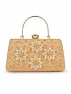 Beige handbag with floral embroidery on a white background