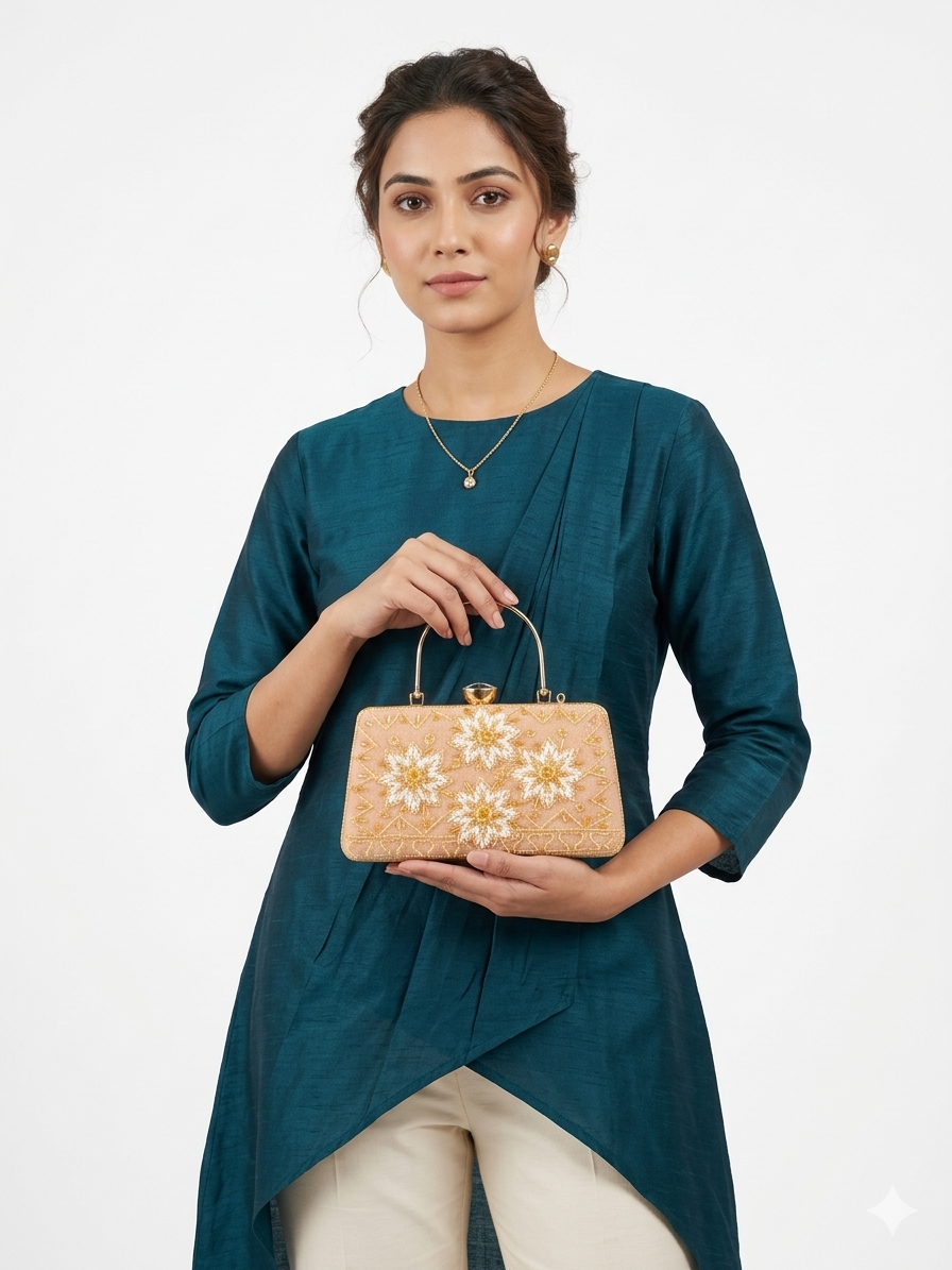 Woman holding a beaded pastel handbag with floral design 