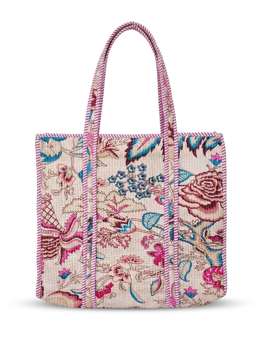 Hand Block Printed Quilted Tote Bag | Handmade Cotton Carryall - Beige