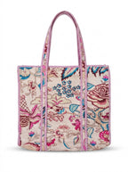 Hand Block Printed Quilted Tote Bag | Handmade Cotton Carryall - Beige