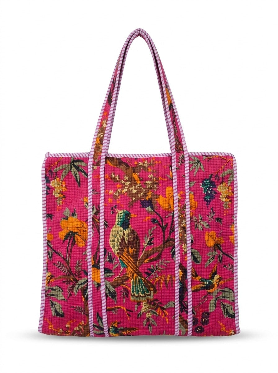 Hand Block Printed Quilted Tote Bag | Handmade Cotton Carryall - Dark Pink