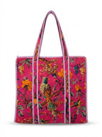 Hand Block Printed Quilted Tote Bag | Handmade Cotton Carryall - Dark Pink