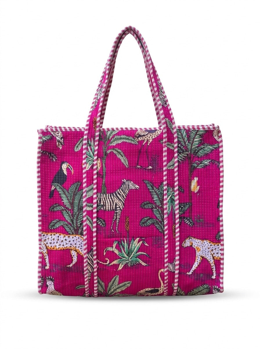 Hand Block Printed Quilted Tote Bag | Handmade Cotton Carryall - Pink