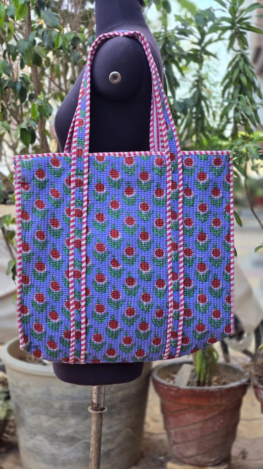 Hand Block Printed Quilted Tote Bag | Handmade Cotton Carryall - Blue