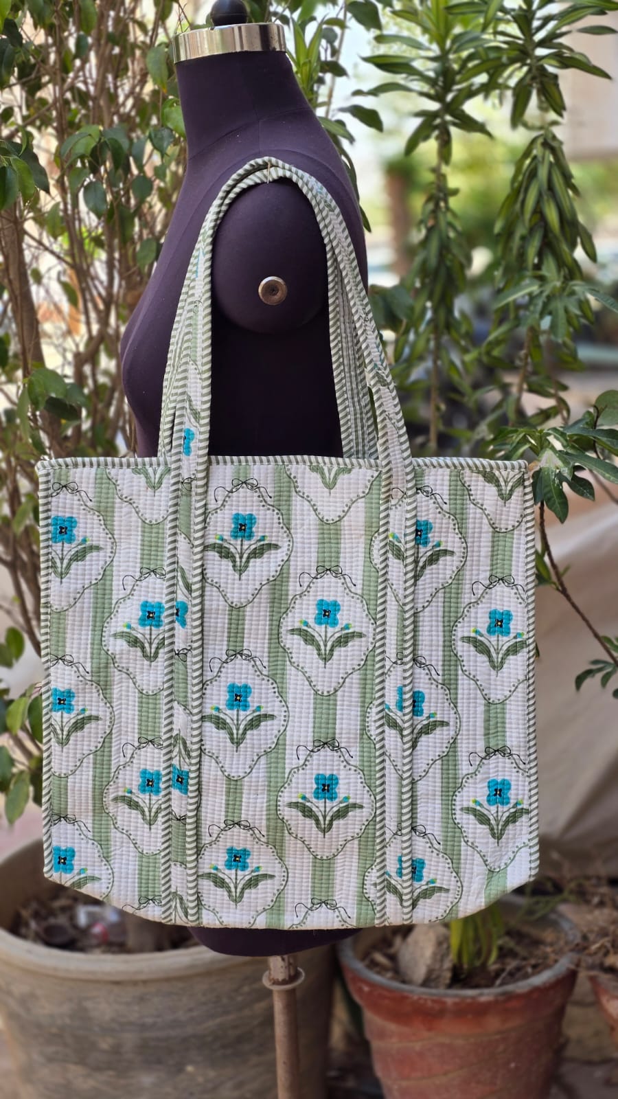 Hand Block Printed Quilted Tote Bag | Handmade Cotton Carryall - Light Green Floral
