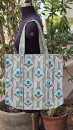 Hand Block Printed Quilted Tote Bag | Handmade Cotton Carryall - Light Green Floral