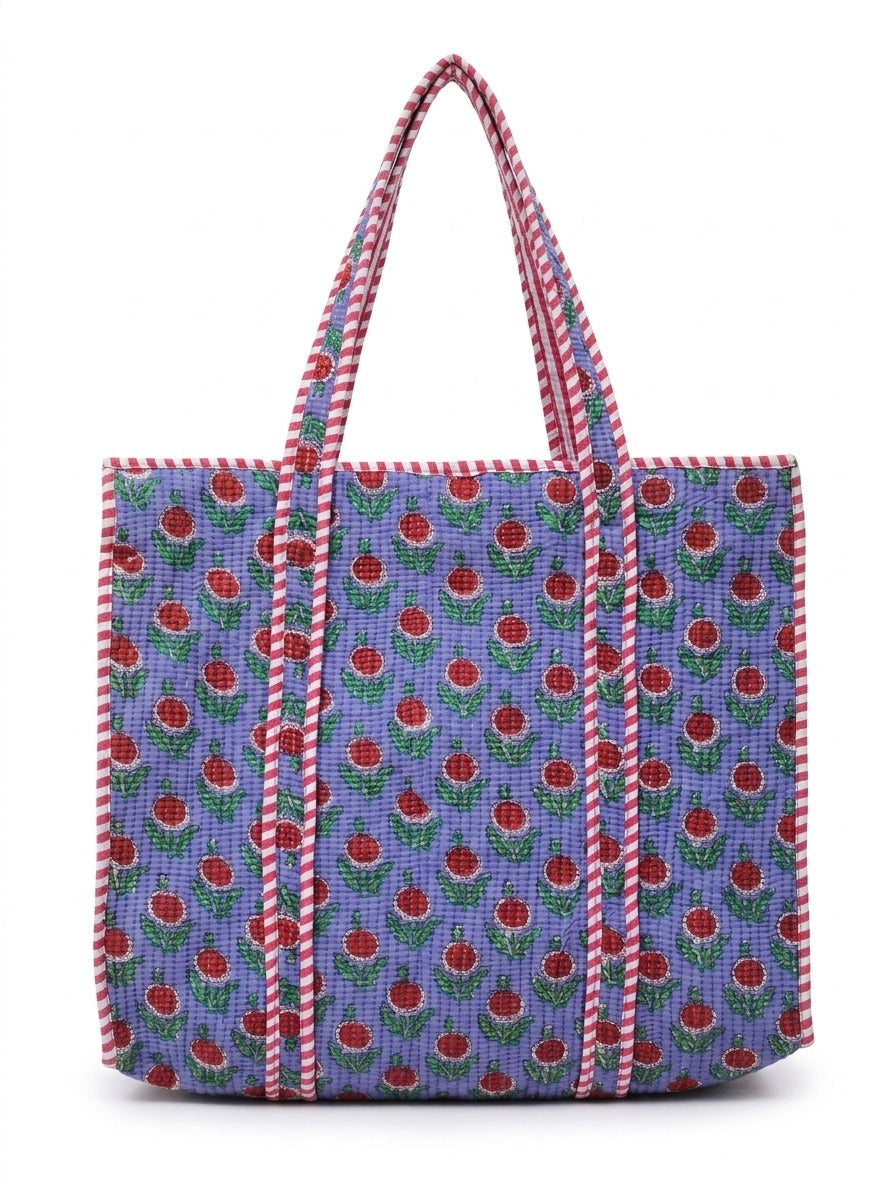 Hand Block Printed Quilted Tote Bag | Handmade Cotton Carryall - Blue