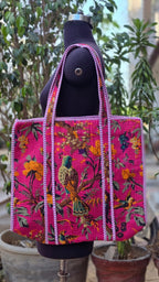 Hand Block Printed Quilted Tote Bag | Handmade Cotton Carryall - Pink