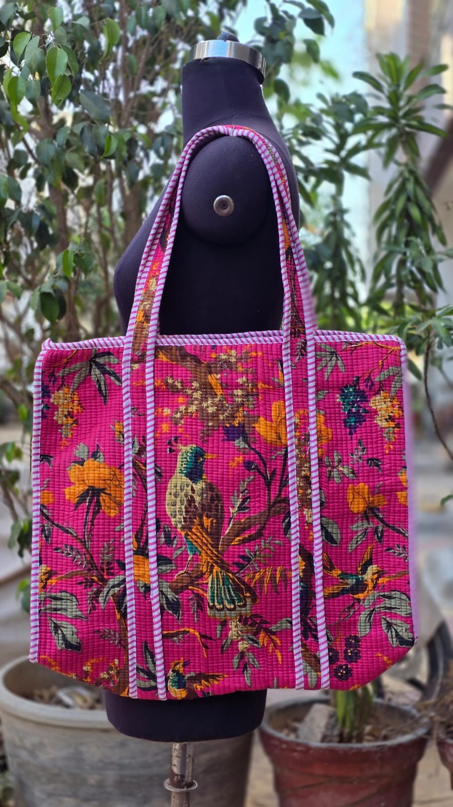 Hand Block Printed Quilted Tote Bag | Handmade Cotton Carryall - Pink