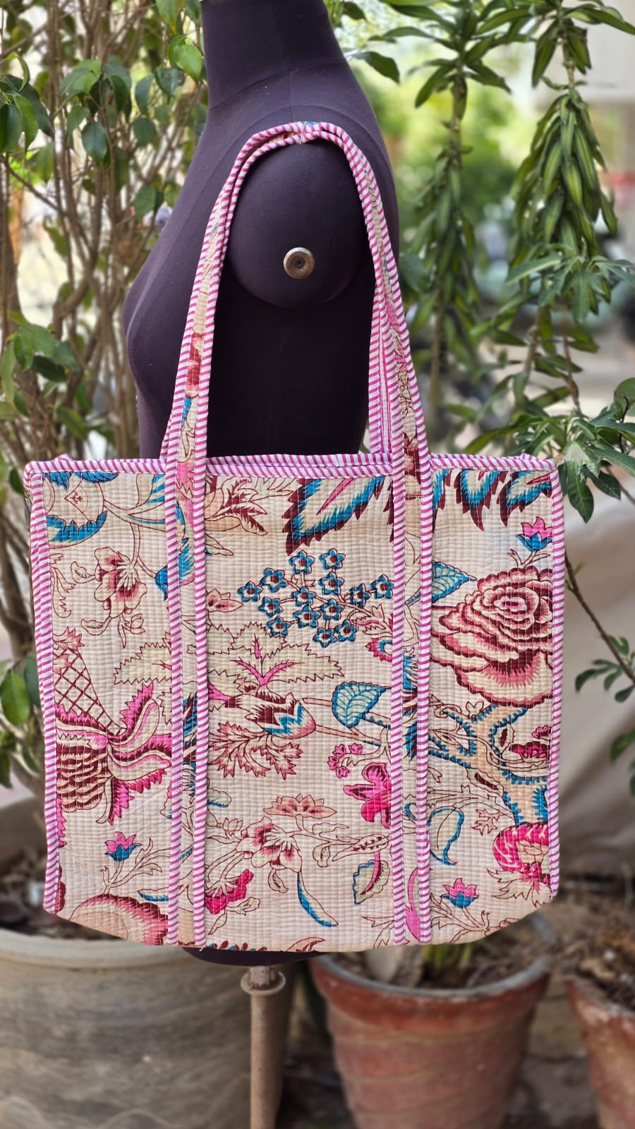 Hand Block Printed Quilted Tote Bag | Handmade Cotton Carryall - Beige