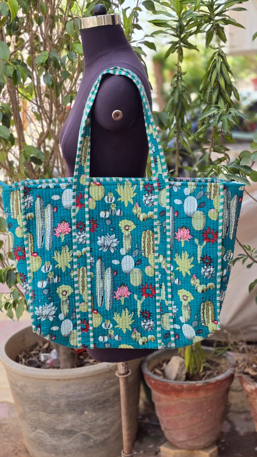 Hand Block Printed Quilted Tote Bag | Handmade Cotton Carryall - Green